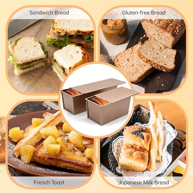 2 Pack Pullman Loaf Pan with Lid - 2.2LB & 1LB Dough Capacity, Non-Stick Bread Pan for Baking Toast, Carbon Steel Sandwich Bread Pans for Homemade Baking, Square Toast Mold, Housewarming Gift Kitchen