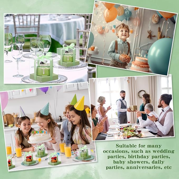 Thenshop 50 Pcs Clear Cupcake Boxes Individual 3.5 Inch Plastic Single Cupcake Containers Boxes with Inserts and Ribbon Individual Cake Storage Holders for Cake Kitchen(Light Green)