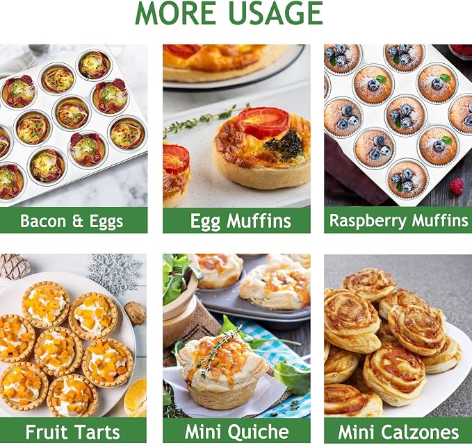 Herogo 3 Pack 12-Cup Stainless Steel Muffin Pan Tin for Making Egg Muffin Quiches, Metal Nonstick Cupcake Tray Set for Baking, Mini Brownie, Regular Size & Easy Clean, Oven & Dishwasher Safe