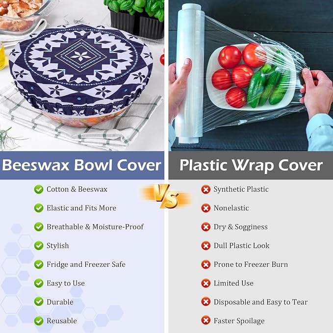 2 Large Reusable Beeswax Bowl Covers for Bread Proofing, 10/12 Inch Elastic Beeswax Wraps Cotton Cloth Sourdough Bowl Covers for Proofing Baskets, Mixer Bowls, Food Storage Containers