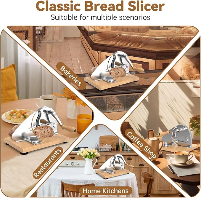 Upgrade Manual Bread Slicer for Homemade Sourdough Bread, Classic Hand Crank Home Bread Slicer With Scale Line and Steel Fence, Sharp Blade, Adjustable Width for Homemade & Commercial Use