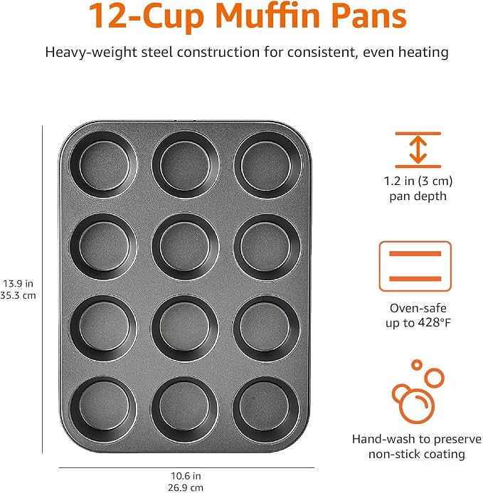Amazon Basics Nonstick Muffin Pan,Set of 2,Sturdy,Oven Safe,Bakes Evenly,Easy to Clean,12 Cups,Gray,13.9x10.55x1.22,(Pack of 4)