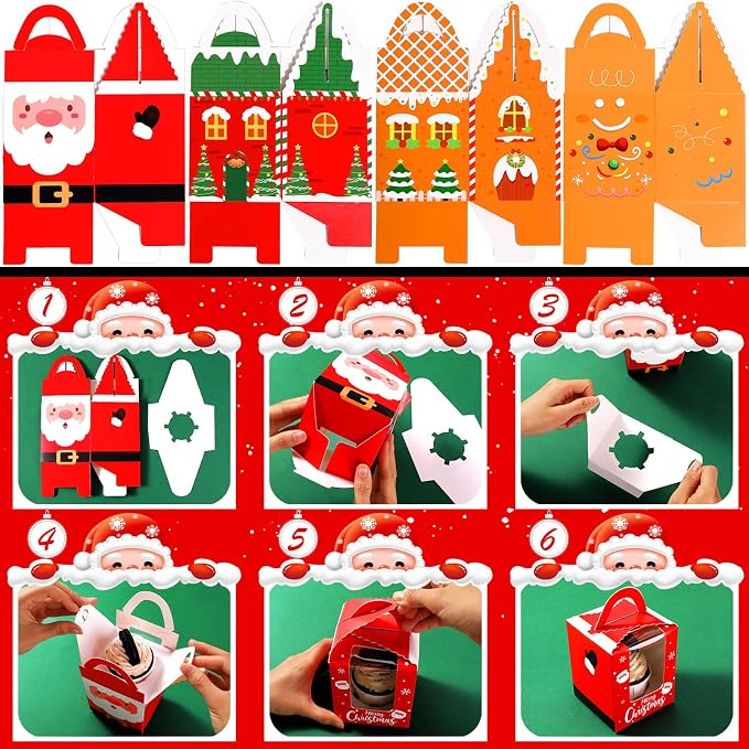 TaoBary 24 Pcs Christmas Cupcake Boxes Xmas Individual Cupcake Box Christmas Cookie Boxes with Window Insert Handle Muffin Pastry Holder Bakery Treat Box for X-mas Party(Gingerbread)