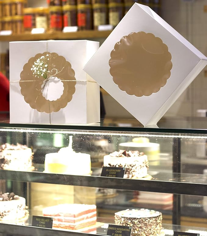 White Cake Boxes with Window (Pack of 10) - Bakery Boxes for Cakes, Brownies, Donuts, Cookies, Cupcakes, Chocolates, Desserts: Size 10x10x5 inches