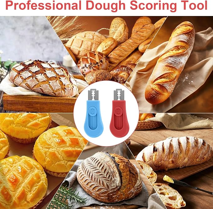 2 Pack Bread Lame Dough Scoring Tool Set, Professional Sourdough Scoring Tool & Bread Scorer with 10 Razor Blades, Finger Protectors Bread Razor for Artisan Baking Red/Blue