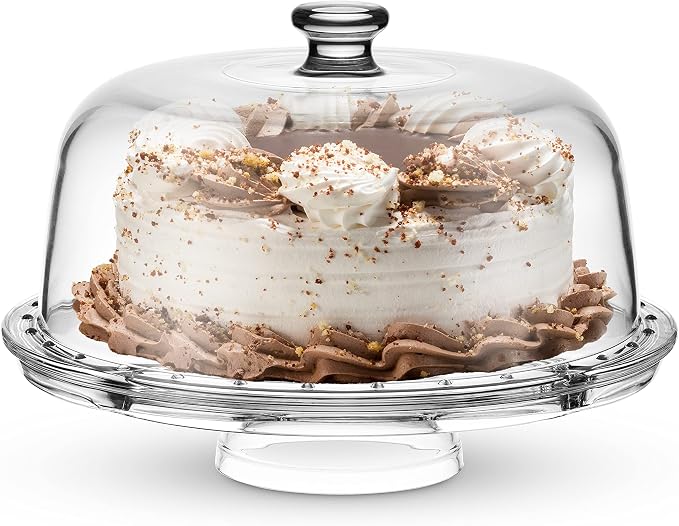 Godinger Cake Stand and Serving Plate Platter with Dome Lid, 6 in 1 Multi-Purpose Use, Crystal Glass Footed Cake Stand, Salad Bowl, Cake Plate, Fruit Platter - Made in Italy