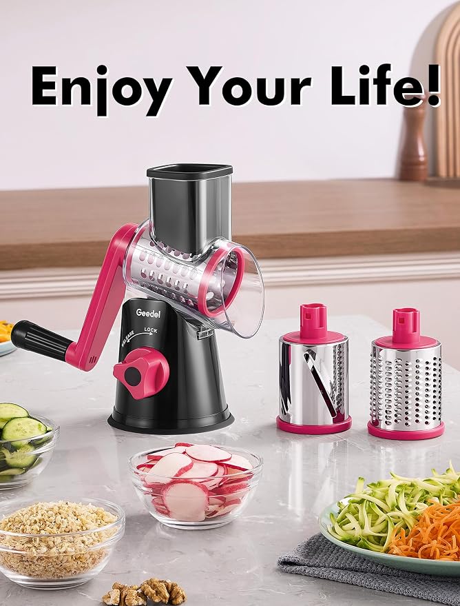 Geedel Rotary Cheese Grater, Kitchen Mandoline Vegetable Slicer with 3 Interchangeable Blades, Easy to Clean Rotary Grater Slicer for Cheese, Vegetables, Nuts