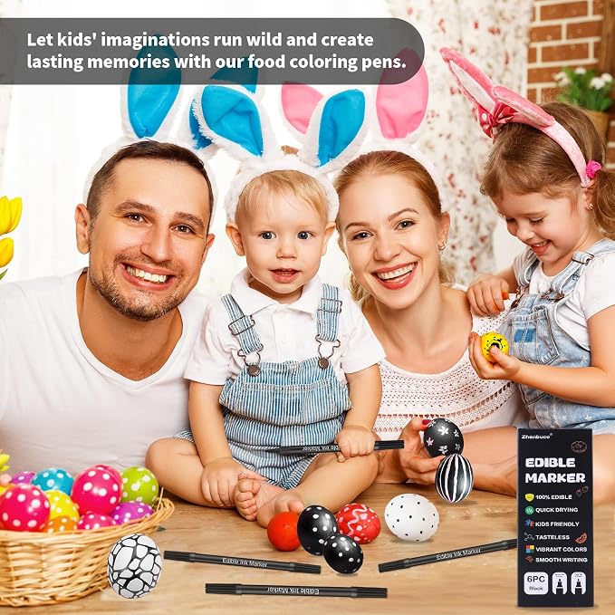 Black Edible Markers - 6PCS Double Sided Food Coloring Pens with Fine and Thick Tip, Food Grade Gourmet Writer for Cookie, Fondant, Cakes, Frosting, Baking, Easter Eggs Decorating