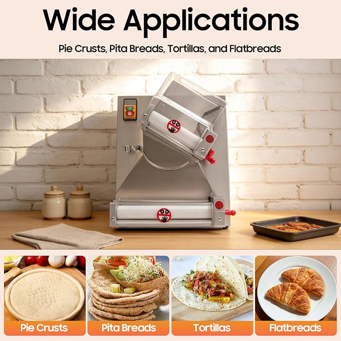 Bepritm Pizza Dough Roller Sheeter, 370W Automatic Commercial Dough Roller Sheeter with Dual Roller, 3-15"Electric Stainless Steel Pizza Press Dough Machine, Adjustable Thickness (4-12in Pizza Size)