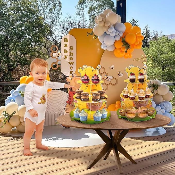 BACUTHY 2 Pack Winnie Baby Shower Decorations Birthday Cupcake Stands: Bear Party Theme Cake Stand Toppers Supplies for Girl Boy Kids Gender Reveal First Party - Hold 48pcs Cupcakes Table Decors