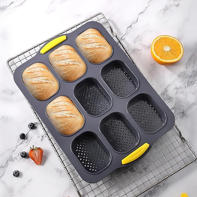 Silicone Hamburger Bun Pan and Baguette Pan Set,3 Pcs Nonstick 4/6/9 Cup Bun Molds with Spatula and Pastry Brush, French Bread Baking Trays for Homemade Hamburger Buns, Hot Dog Buns Loaf Sandwich