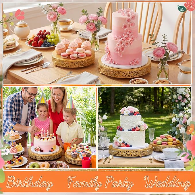 Wenqik 2 Pack Cake Stand Set, 14/16 Inch Metal Round Cupcake Dessert Stand Decorative Elegant Cake Display for Weddings Party Birthday Baby Showers Anniversary (Floral Lace,Gold)