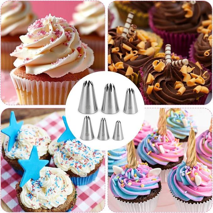 6 Pcs Piping Tips Set, 30, 21, E08, D42, 1C, C8 Stainless Steel Icing Tip Decorating Tips for Cookies, DIY Cream Rose Flower, Cream Puffs, Swirl, Rosette, Cake Cookie Decorating