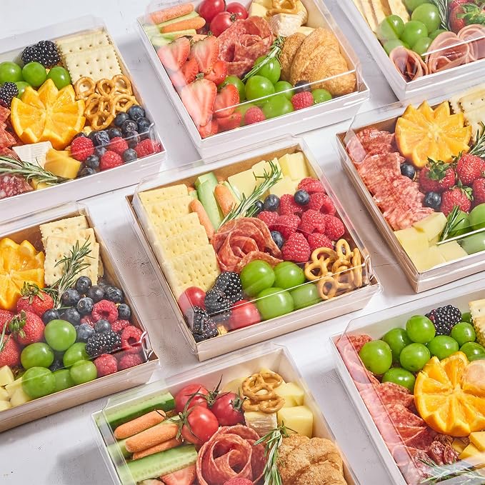 ZORRITA Large Charcuterie Boxes with Clear Lids, 7x7 Inch, 20 Pack, White | Disposable, Square, Kraft Paper, To Go Food Containers, Bakery Boxes, For Charcuterie Desserts Strawberries Cookies