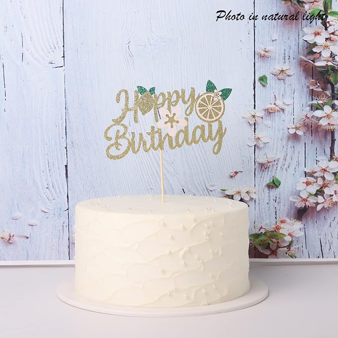 1 PCS Lemon Happy Birthday Cake Topper Assembled Glitter Fruit Theme Lemonade Party Cake Pick Decorations for Lemon Theme Baby Shower Kids Boys Girls Birthday Party Supplies
