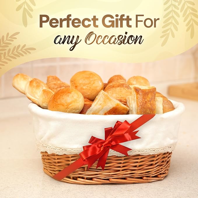 Large Wicker Bread Basket with Removable Linen Liner and Cover - Handmade Rattan Bread Serving & Storage Basket 12"x9" Keeps Bread Warm & Fresh - Perfect Housewarming Gift