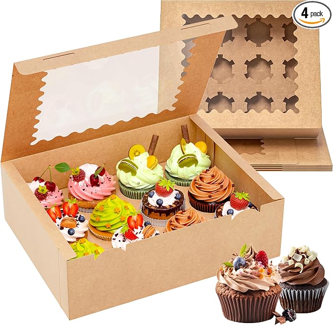 RYDDOY 4 Pack Kraft Cupcake Boxes, Hold 12 Standard Cupcakes, Brown Cupcake Containers, Cupcake Holder with Window and Inserts for Birthday Holiday Party, Supplies for Cupcakes, Desserts and More