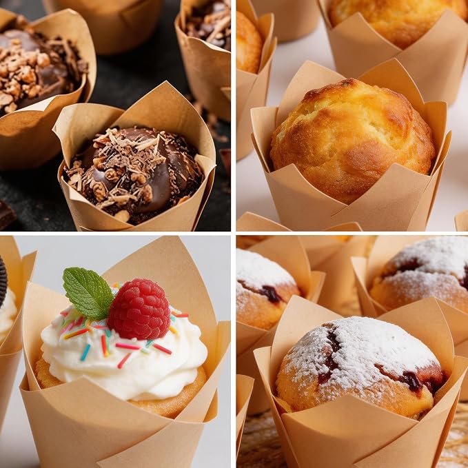 VISRIE 300 Pcs Natural Tulip Cupcake Liners, Unbleached Parchment Paper Baking Cups, Greaseproof & Non-Stick Standard Muffin Liners, Cup Cake Wrappers for Party, Baby Shower & Christmas