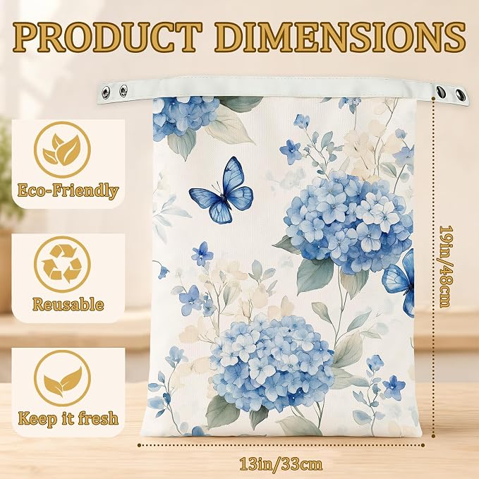 2 Pack Beeswax Blue Hydrangea Bread Bags for Sourdough, Reusable Linen Butterfly Floral Bread Bag 17x13'' Food Storage Cloth Bag Freezer-Friendly & Freshness Preservation