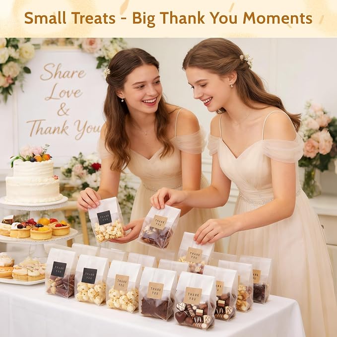 Cookie Bags for Packaging, 100 Pack Treat Bags with Thank You Stickers, 9 x 3.4 Inch for Individual Muffins, Brownies, Candy, Party Favors and Graduation Gift Bags