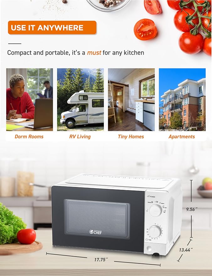 Commercial Chef 0.6 Cu. Ft. Countertop Microwave Oven, Mechanical Dial Controls, 700W, Pull Handle Door, 6 Power Levels, CHM660W, White