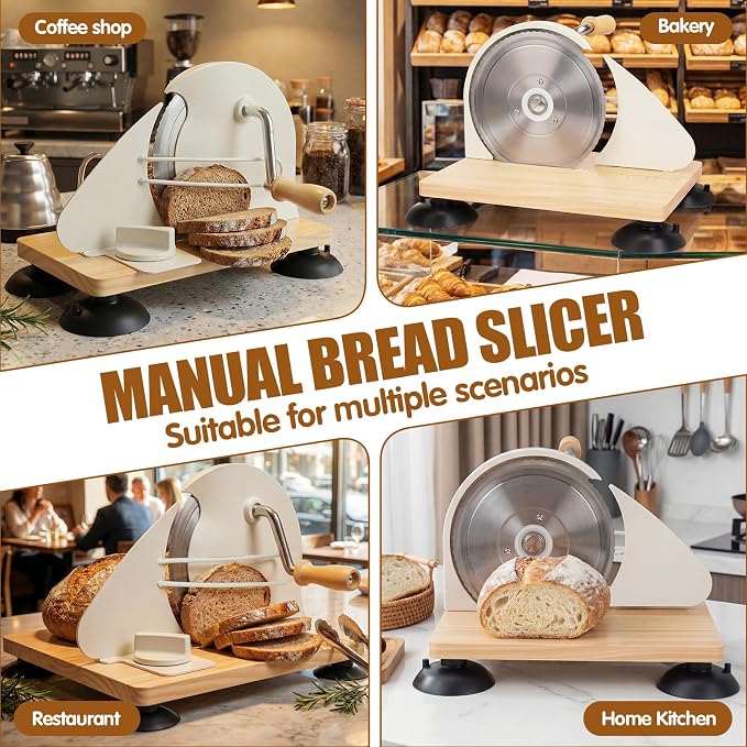 Manual Bread Slicer for Homemade Sourdough Bread, Adjustable Thickness & Evenly Slicing, Hand Crank Bread Slicer with Scale Line and Suction Cup, Serrated Blade Design, Patent White