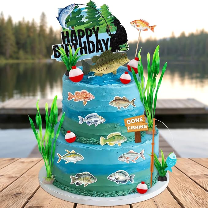Fishing Cake Topper 22PCS Gone Fishing Cake Toppers for Men Fish Cake Decorations with Bass Reed for Retirement Party Supplies Fish Birthday Party Decorations
