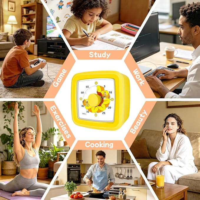 Kids Visual Timer 60 Minute – Countdown Visual Timer for Kids, Kitchen Timer for Cooking Classroom, Silent Mini Timer with Sunflower Cute Bee Pattern, Gift for Special Needs Adult Focus,Yellow