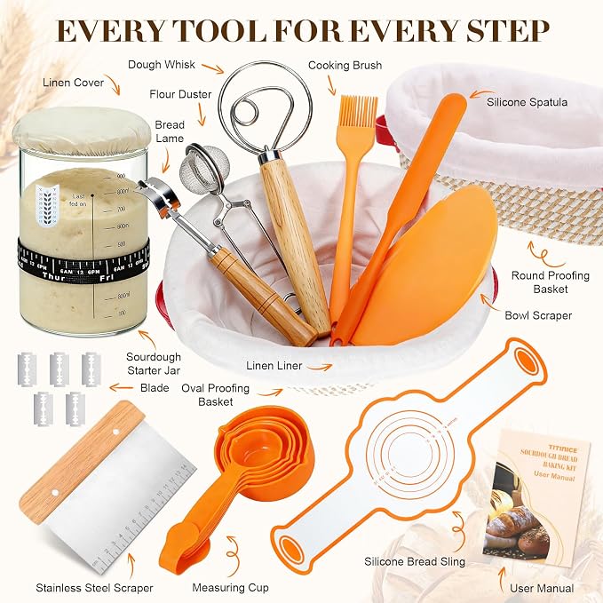 Sourdough Starter Kit – 10" Round + 9" Oval Banneton Baskets, Lame & Jar | Complete Bread Baking Supplies Set with Liner, Scraper, Whisk, Duster, Sling & Measuring Cups – for Bakers, Artisan Loaves