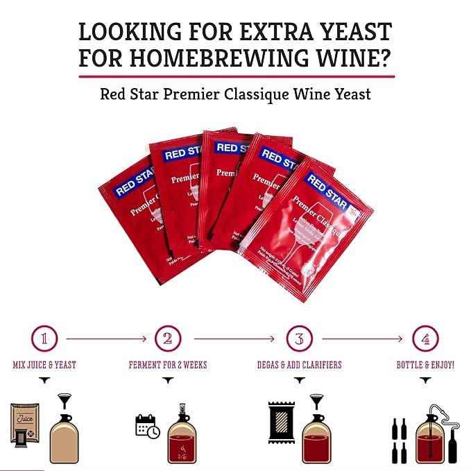 Craft A Brew - Red Star Premier Classique Wine Yeast - Dry Wine Yeast - For Reds, Whites, & Rosés - Ingredients for Home Fermenting - Wine Making Supplies - 5 Pack