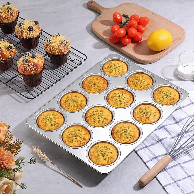 LIANYU 12 Cups Muffin Pan for Baking, 2 Pack Stainless Steel Muffin Cupcake Tin, Regular Size Muffin Cupcake Tray Pan for Oven, Metal Cupcake Mold for Mini Muffin Cake, Non-toxic, Dishwasher Safe