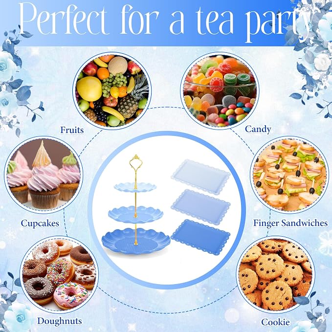 FoldTier 6 Pack Cupcake Stand Set 3 Pcs 3 Tier Gradient Dessert Table Display Stands Cookie Tray Rack 3 X14 in Rectangle Party Trays for Wedding Birthday Tea Party Baby Shower(Blue,Round)