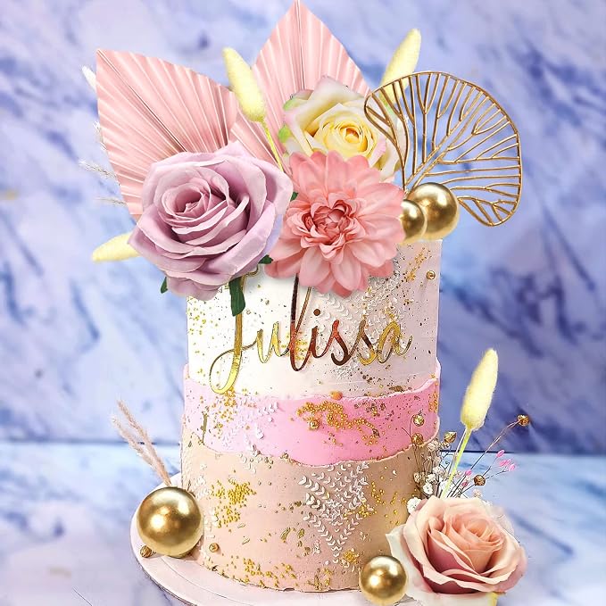 Boho Cake Topper Flower Cake Topper Pink Palm Leaves Cake Decorations with Artificial Rose Ginkgo Leaves and Balls for Wedding Birthday Boho Flower Themed Supplies (Pink)