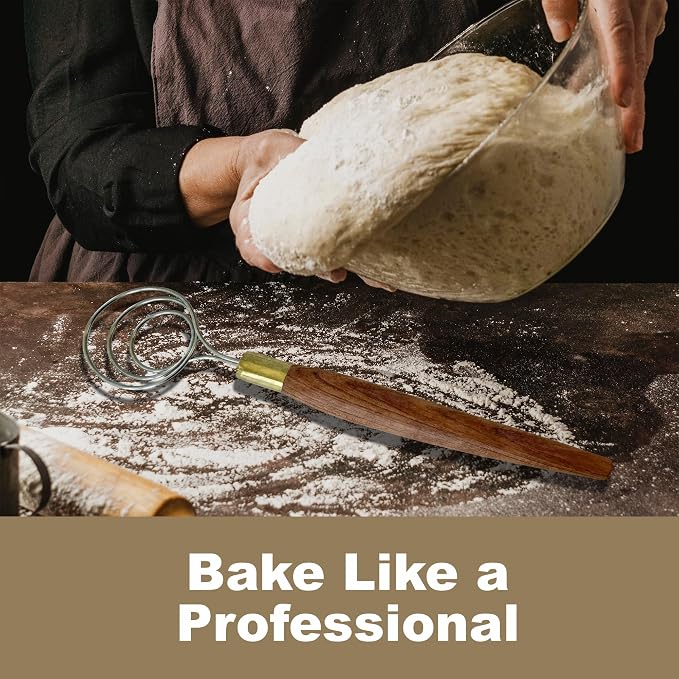 Danish Dough Whisk for Sourdough - 14” Stainless Steel Dough Mixer, Premium Wood Handle - Dutch Whisk for Bread, Bread Making Tools