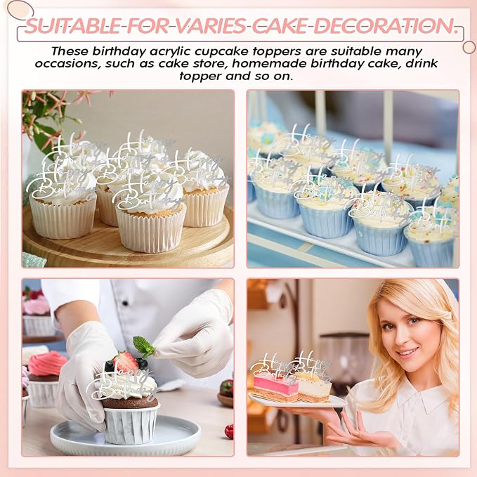 Weysat 30 Pcs Silver Mirror Acrylic Cupcake Toppers Happy Birthday Cake Decorations for Birthday Party Cupcake Toppers