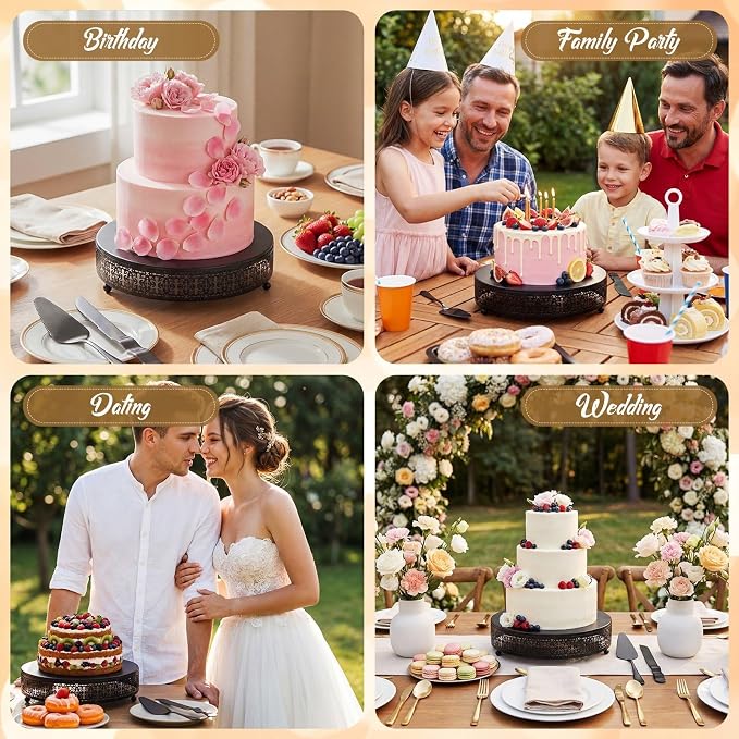 Wenqik Black Cake Stand 12 Inch Metal Round Wedding Cake Stand with Cutting & Spatula Cupcake Dessert Cookies Display Holder Fruit Serving Tray for Wedding Birthday Anniversary Party