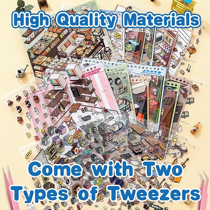 10 Sets Big DIY 3D Sticker Scene Book for Kids Adults Make Your Own Shop House Stickers with Guidelines for Gifts Stickers Therapy for Adult Relief Stress Pass The Time Supermarket (Food Paradise)