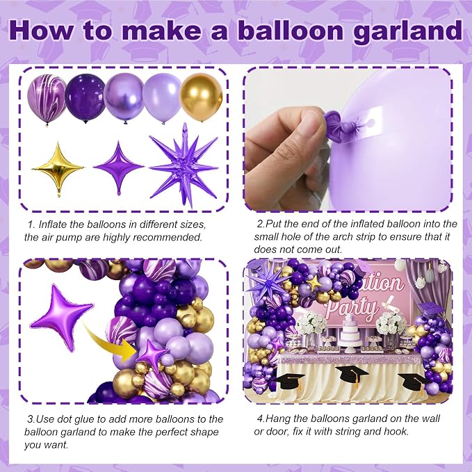 Purple and Gold Balloon Arch Kit Graduation Decorations 2026, 110Pcs Purple Balloon Garland with Explosion Foil Star Metallic Dark Violet Lavender Lilac Birthday Party Balloons for College School Prom