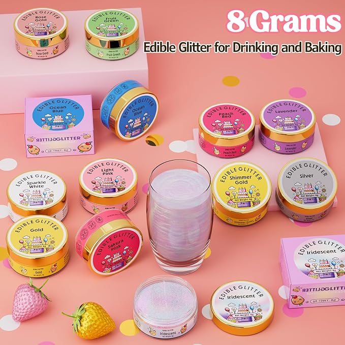 Nomeca Edible Glitter for Drinks Cakes, 8 grams Food Grade Luster Dust Sprinkles Glitter for Cake Decorations, DIY Cocktails, Beverages & Cake Decorating, Dessert Cake Topper (5-Sakura Pink)