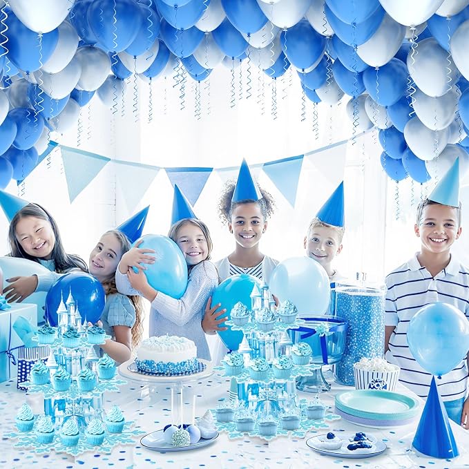2 Pack Cupcake Stands Frozen Birthday Party Decorations: 3-Tier Snowflake Winter Wonderland Theme Cupcake Holders for Girls Kids Princess Party Favors, Blue Castle Toppers Cup Cake Tower Stand