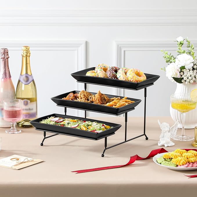 MALACASA 3 Tier Serving Tray, Porcelain Tiered Serving Trays Platters, 12 Inch Serving Stand with Platters,Black Dessert Stand with Collapsible Sturdier Metal Rack,Series PLAT