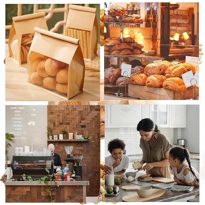Heavy Duty Large Paper Bread Bags with Tin Tie Tab Lock 50pcs, Loaf Bag with Clear Front Window, Storage Packaging Treat Bag for Bakery Cafe Homemade Bread 10.6” × 4.3” × 8.7”