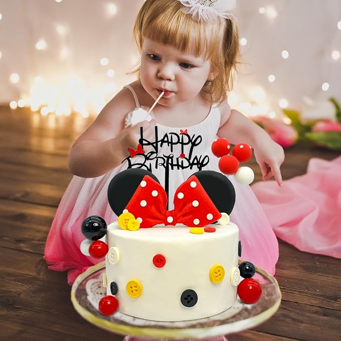 Tarocynn 20Pcs Mouse Birthday Cake Topper with Bows and Ears Happy Birthday Party Baby Shower Decorations Supplies