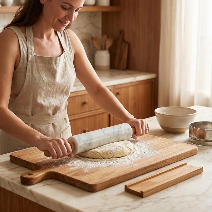White Marble Rolling Pin for Baking 10inch Barrel,Dough Roller | With Wooden Handles & Wood Cradle, Non-Stick Dough Roller for Pizza, Pasta, Fondant, Pie Crust, Pastry & Cookies