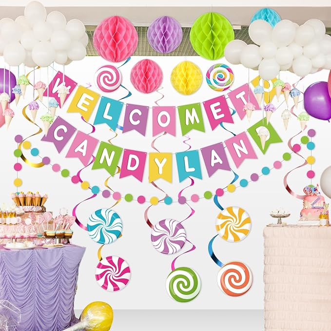 Pasimy Candy Land Party Decoration Welcome to Candy Land Banner with Colorful Honeycomb Balls Candyland Decor Garland Hanging Swirls Set Lollipop Paper Cutouts Dot for Birthday Party Supplies