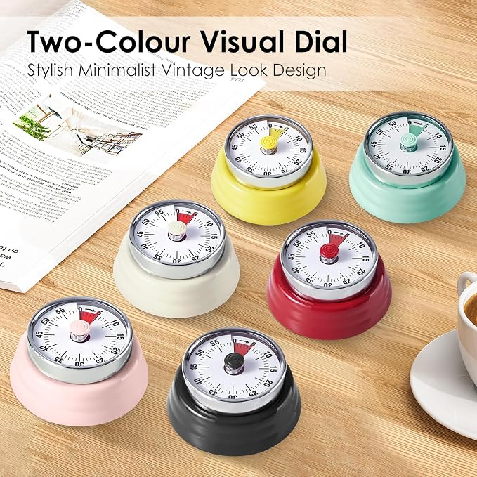 Visual Timer, Teeloray 60-Minute Countdown Timer, Kitchen Timer with Magnetic Base, Mechanical Clockwork, Ringer Alert, Time Management Tool for Children and Adults, Study/Work/Cooking (Yellow)