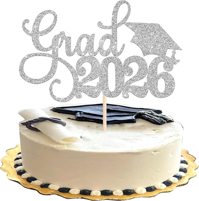 1 Pack Grad 2026 Cake Topper with Glitter Congrats Grad Cap Class of 2026 Cake Pick Decorations for 2026 Graduation Theme School Boys Girls Graduate Party Supplies Silver
