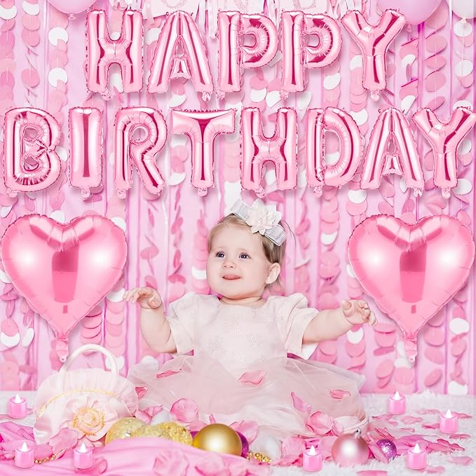 Pink Happy Birthday Balloons Decorations Happy Birthday Letter Balloons Banner Set with 24pcs Round Flameless LED Candles and 2000pcs Artificial Rose Petals for Women Men Room Party Decor