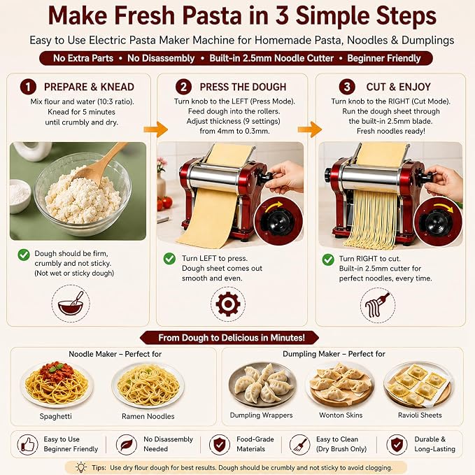 Electric Pasta Maker Machine, 135W Commercial Dough Sheeter with 2.5mm Blade, Adjustable 0.3-4mm Thickness, for Pasta, Dumplings – Restaurant & Home Use