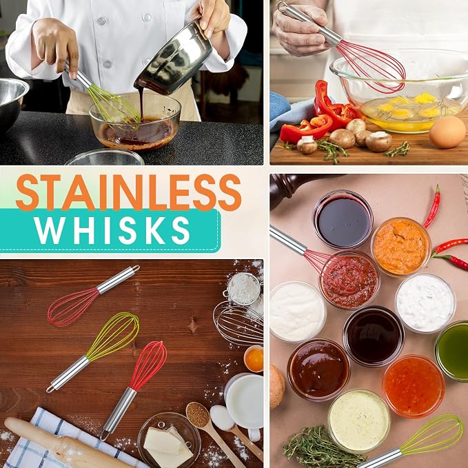 FoldTier 6 Sets 10 Inch Christmas Whisks Gifts DIY Fillable Christmas Tree Ornaments Xmas Colored Silicone Whisks for Cooking Heat Resistant Egg Beaters with Card Rope Bag for Candy Holder